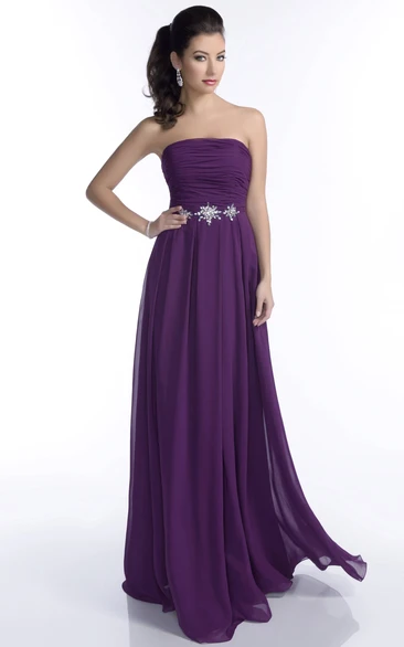 Strapless Chiffon A-Line Bridesmaid Dress With Ruching And Rhinestones