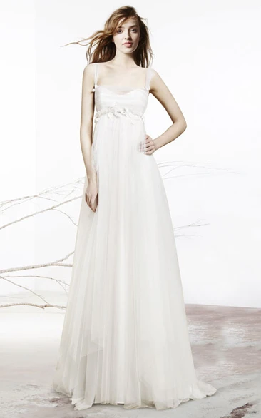 A-Line Sleeveless Empire Floral Floor-Length Tulle Wedding Dress With Low-V Back And Draping