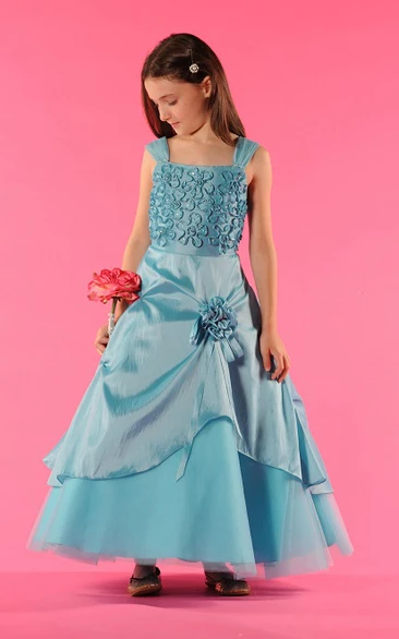 Flower Girl Square Neck A-line Taffeta Wrapped Tulle Gown With Flowers