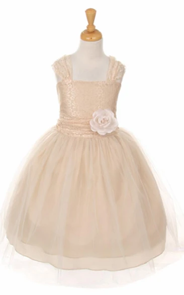 Tea-Length Floral Criss-Cross Tulle&Lace Flower Girl Dress With Straps