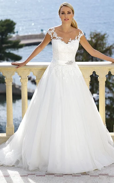 Floor-Length V-Neck Appliqued Jeweled Tulle Wedding Dress