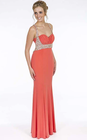 Sheath Beaded Sleeveless Floor-Length Jersey Prom Dress With Straps And Ruching