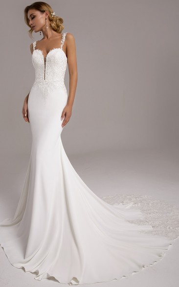 Simple Mermaid Satin Plunging Neck Court Train Wedding Dress with Appliques
