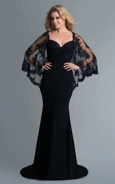 Sheath Long Jersey Deep-V Back Dress With Lace And Cape