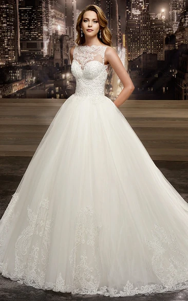 Cap Sleeve A-Line Jewel-Neck Bridal Gown With Lace Corset And Brush Train
