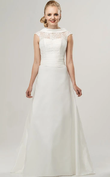 A-Line High-Neck Floor-Length Appliqued Cap-Sleeve Satin&Lace Wedding Dress