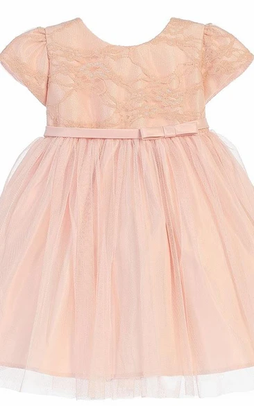 Tea-Length Bowed Lace&Satin Flower Girl Dress