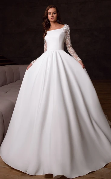 Court Train A Line Square Neck Satin Wedding Dress with Appliques and Beading