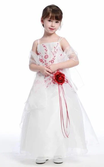 Ankle-Length Spaghetti Floral Cape Organza Flower Girl Dress With Straps