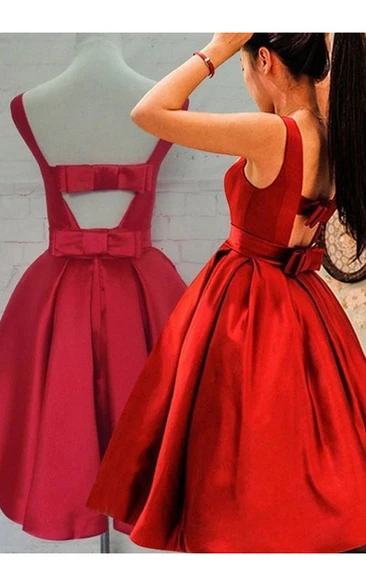 Ball Gown Sleeveless Bow Ruching Tea-length Satin Homecoming Dress