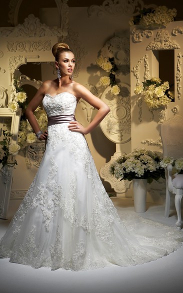 Sweetheart Long Wedding Dress With Appliques And Ruched Bow Sash