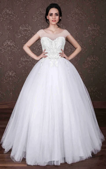Ball Gown Scoop-Neck Maxi Beaded Cap-Sleeve Tulle Wedding Dress With Embroidery