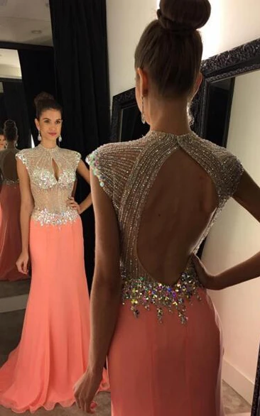 Modern Cap Sleeve Evening Dress Long Crystal Sequins Party Gown