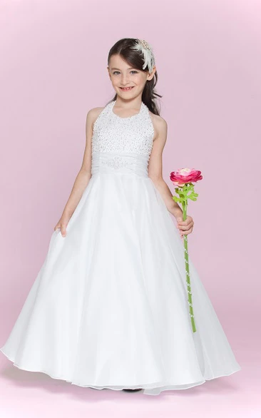 Flower Girl Halter A-line Organza Long Dress With Bandage