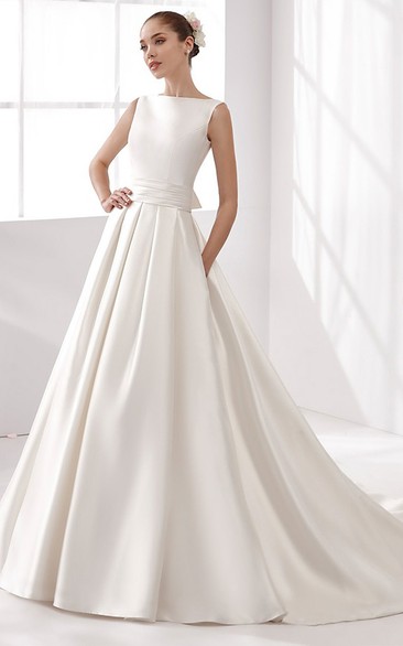 Cap-Sleeve Satin A-Line Wedding Dress With Cinched Waistband And Open Back