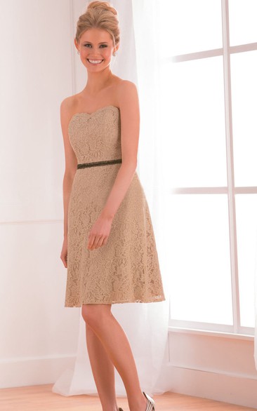Sweetheart A-Line Short Lace Bridesmaid Dress With Beaded Waistline