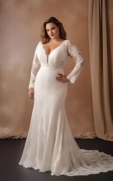 2023 Mermaid Chiffon Plus Size Wedding Dress Long Sleeve Romantic Plunging Neckline Garden