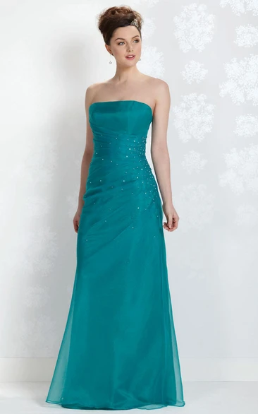 Long Strapless Ruched Tulle Bridesmaid Dress With Beading And Corset Back
