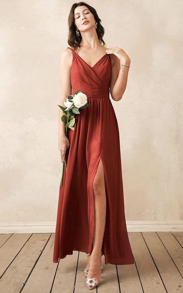 Romantic Chiffon Ankle-length V-neck A Line Sleeveless Bridesmaid Dress With Ruching
