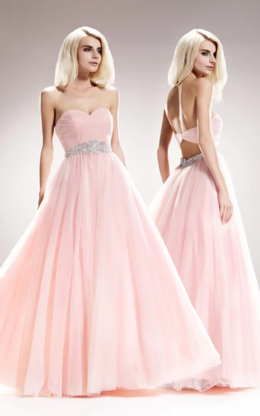 A-Line Long Sweetheart Tulle Backless Dress With Criss Cross And Waist Jewellery