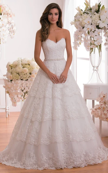 Sweetheart A-Line Tiered Wedding Dress With Lace Detail And Crystals