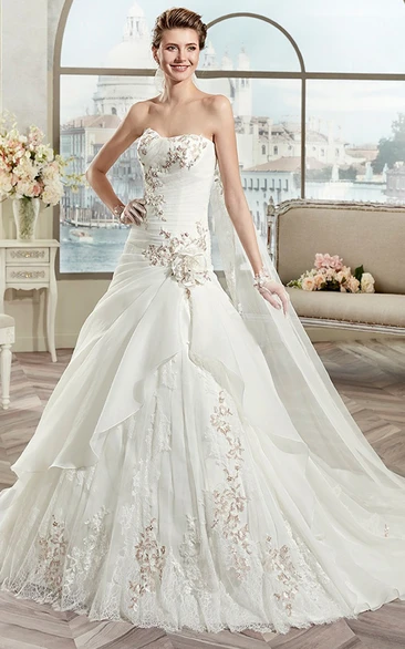 Unique Strapless Ruffle Bridal Gown With Fine Appliques And Lace-Up Back