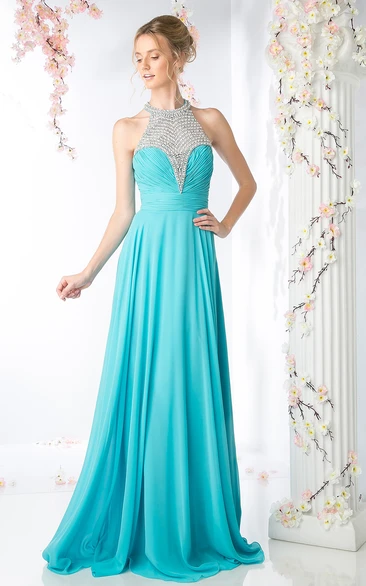 A-Line Halter Sleeveless Chiffon Straps Dress With Beading And Ruching