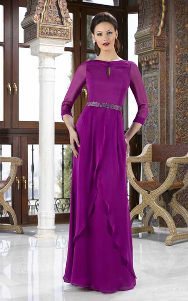 Jewel Neck Long Sleeve Jeweled Chiffon Mother Of The Bride Dress With Draping