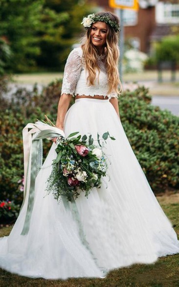 Two Piece Wedding Dress Lace Wedding Dress Long Sleeve Crop Top