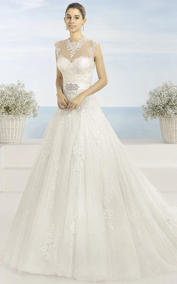Ball-Gown High Neck Long Sleeveless Appliqued Lace&Tulle Wedding Dress With Waist Jewellery And Illusion Back