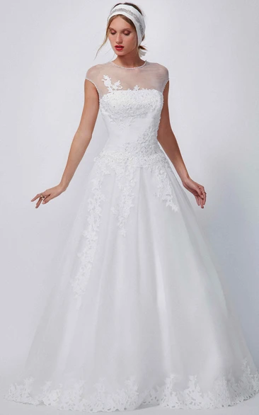 A-Line Appliqued High-Neck Floor-Length Cap-Sleeve Organza Wedding Dress