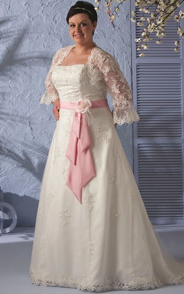 Lace-Up Bridal Gown With Pink Floral Sash And Lace Removable 3-4-Sleeve Jacket