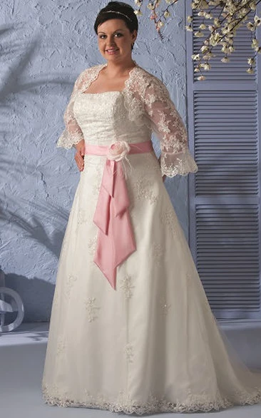 Lace-Up Bridal Gown With Pink Floral Sash And Lace Removable 3-4-Sleeve Jacket