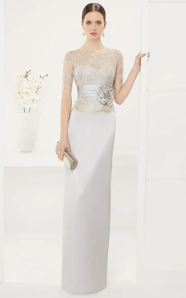 Bateau Short Sleeve Sheath Satin Long Dress With Lace Top And Flower