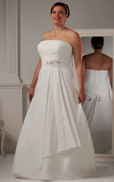 Strapless Side Drape Bridal Gown With Lace Up And Flower