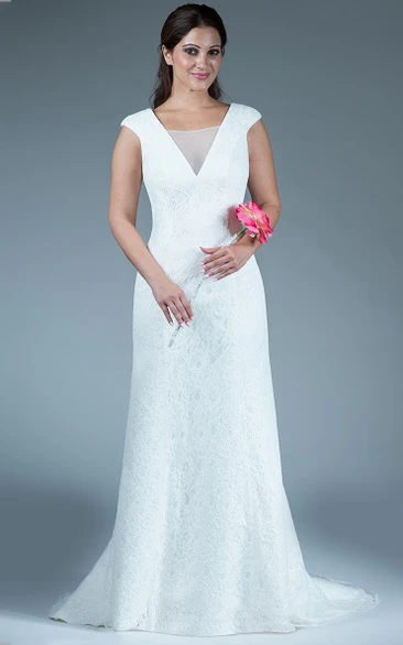 Tulle V Neck Cap Sleeve Allover Lace Long Bridesmaid Dress With Train