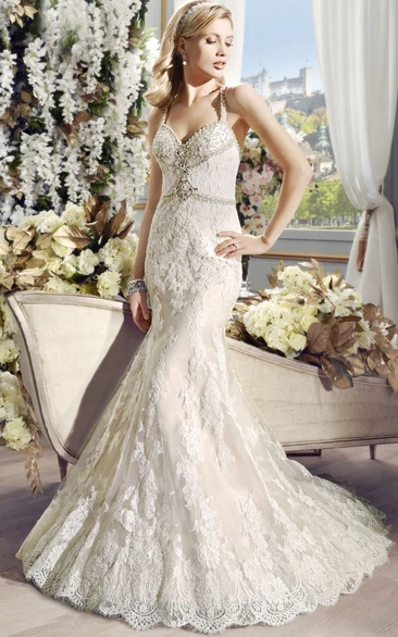 Long Straps Beaded Lace Wedding Dress With Court Train And V Back
