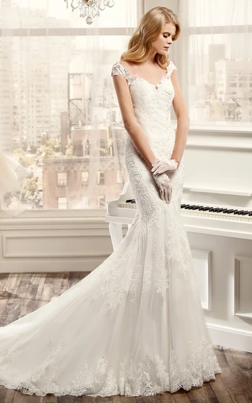 Sweetheart Cap-Sleeve Mermaid Wedding Dress With Appliques And Brush Train