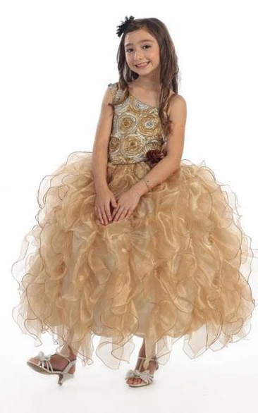 Floral Long Tiered Organza Flower Girl Dress With Straps
