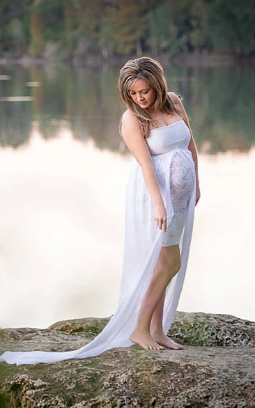 A-line Chiffon Lace Strapless Sleeveless Split Front Cape Maternity Wedding Dress