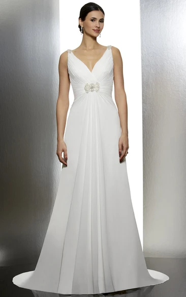 V-Neck Long Ruched Chiffon Wedding Dress With Sweep Train And V Back