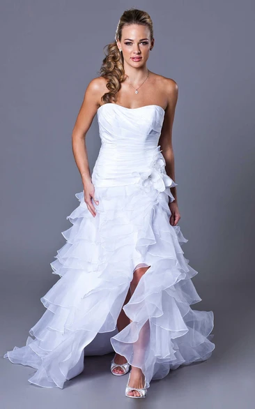High-Low Strapless Split-Front Ruffled Organza Wedding Dress With Tiers