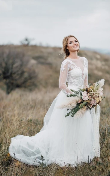 Crop Top Wedding Dress, Long Sleeve Lace Two Piece Wedding Dress