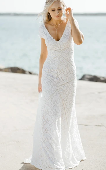 Elegant Sheath Square V-neck Short Sleeve Beach Wedding Dress with Sweep Train