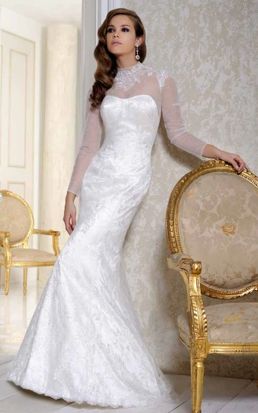 High Neck Floor-Length Appliqued Long-Sleeve Satin Wedding Dress