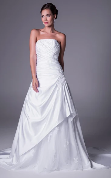 A-Line Strapless Floor-Length Side-Draped Sleeveless Satin Wedding Dress With Appliques