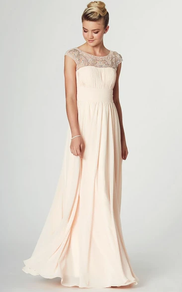 Ruched Scoop Neck Sleeveless Chiffon Prom Dress With Pleats And Beading