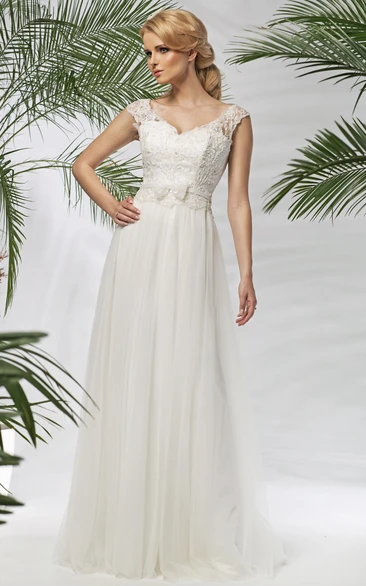 V-Neck Floor-Length Cap-Sleeve Appliqued Tulle&Lace Wedding Dress With Bow