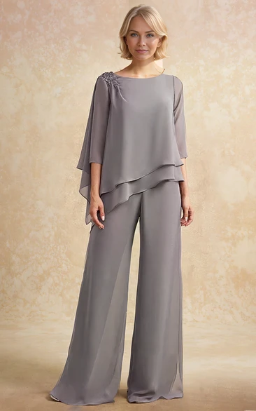Long Sleeve Two Piec Elegant Jewel Neck Modest Plus Size Floor Peplum Mother Guest Pantsuit
