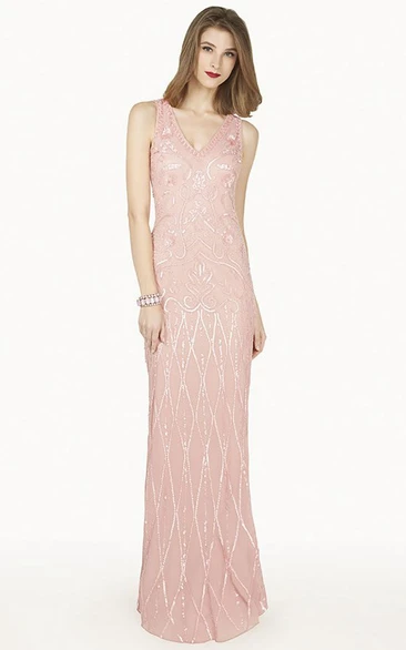 V Neck Sheath Chiffon Long Prom Dress With Sequins And Illusion Back Shown In Blush